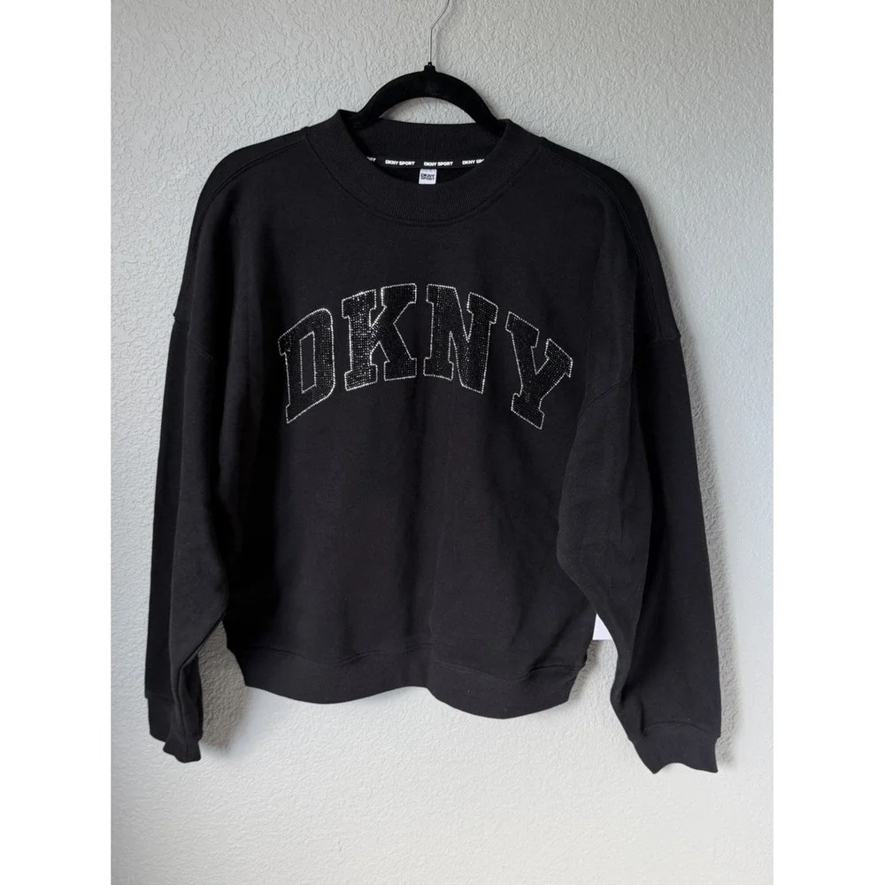 DKNY Sport Black Sweatshirt Women Size M Rhinestone Logo Crewneck Pullover - Picture 2 of 8